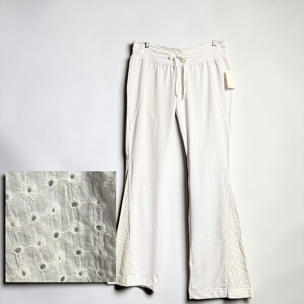 Pink Lotus Womens L White Eyelet Flare Yoga Lounge Pants Drawstring Boho